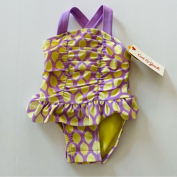 Cat & Jack | Lemon Ruffle Ruched One Piece Swim Suit NWT 0-3 Months - Picture 1 of 6